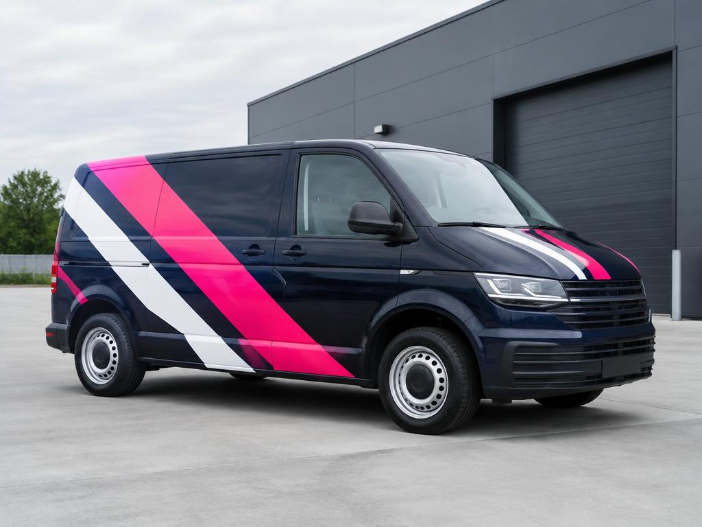 Illustrative navy and pink van wrap